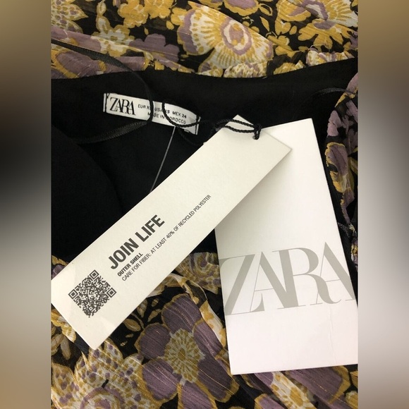 NWT Zara Mini Gauzy Dress Gold Floral Layered One Shoulder Ruched Boho Hippie​ - Picture 5 of 5